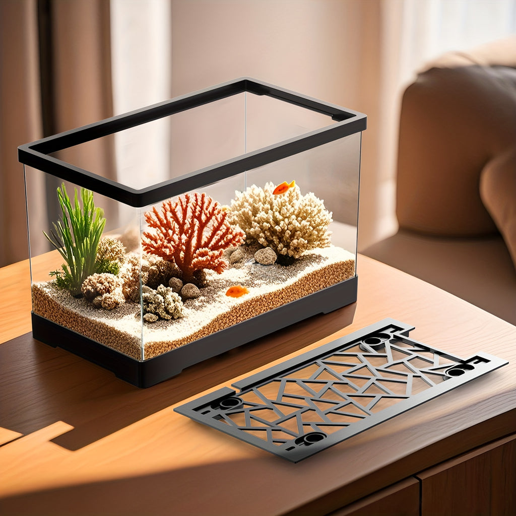 Aquarium Fish Tank Set, Includes a Covered Transparent Square Fish Tank, Fishing Net, Artificial Aquatic Plants, And Colorful Stones, Suitable for Keeping Goldfish, Bettas, Shrimp, Turtles, Hermit Crabs, And Aquatic Plants