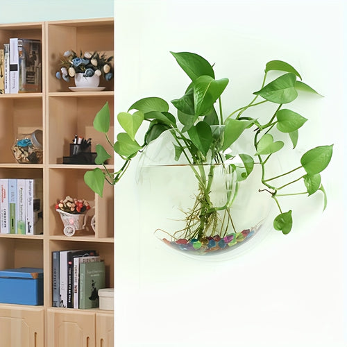 1pc Wall-Mounted Round Planter with Transparent Design, - Transparent Plastic with Dual-Purpose for Hydroponic Greenery & Small Fish Tank, Indoor\u002FOutdoor Decorative Bonsai Stand, Hydroponic System | Contemporary Decor | Clear Plastic Vase