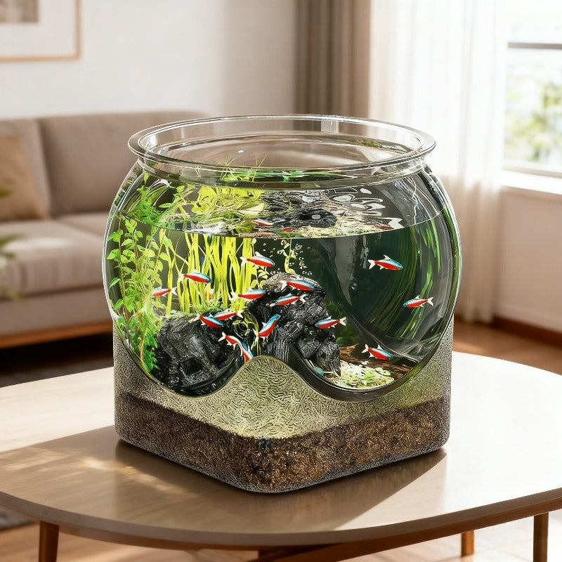 2025 New Model \u002F Sturdy Transparent Round Fish Tank | A Desktop Aquarium That Is Hard to Break And Resistant to Tipping, Suitable for Turtles And Small Fish | Natural Stone Design
