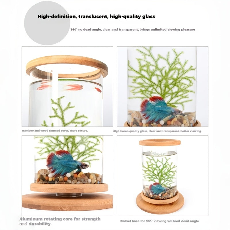 360° Rotating Desktop Zen Aquarium - Bamboo Base Glass Bowl for Marimo Moss Balls, Shrimp & Hydroponic Plants - Relaxing Office Decor & Unique Gift