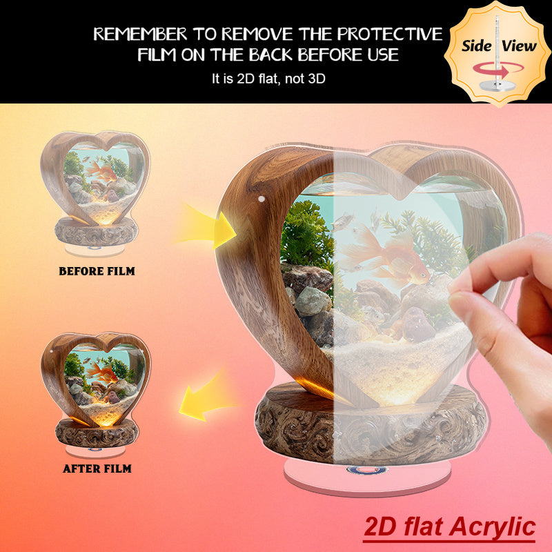 2D Flat, 1pc Rotating Acrylic Desktop Aquarium with Heart-Shaped Fish Tank, Goldfish & Plants - 2D Flat Spinning Pond Suitable for Home, Office, Decor, Space-Saving Fish Tank for Small Spaces, Relaxing Atmosphere Decoration, 2D Flat