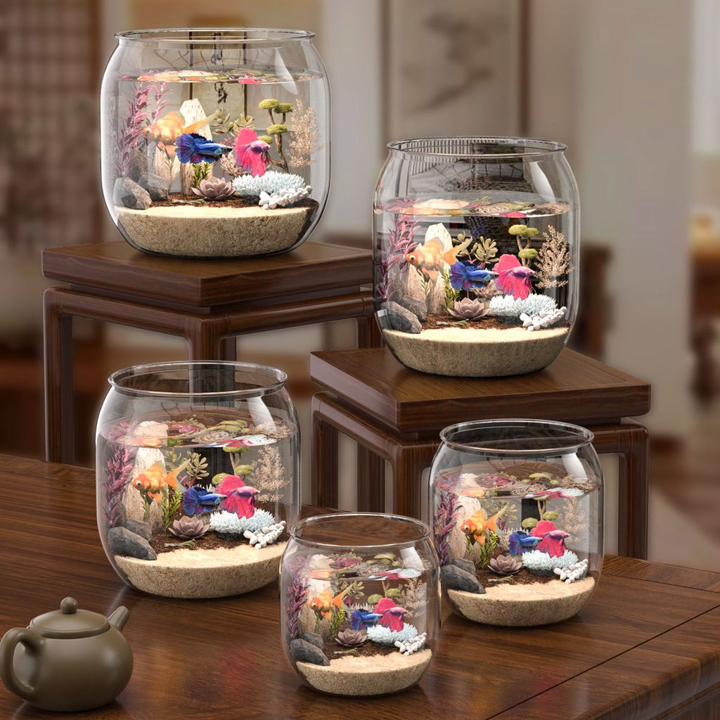 1pc Shatterproof Transparent Acrylic Fish Tank - Large Capacity Round Desktop Aquarium Suitable for Goldfish and Turtles, with Ornamental Plants and Stones, No Electricity Required Tank | Sleek Glossy Design | Natural Aesthetics Style