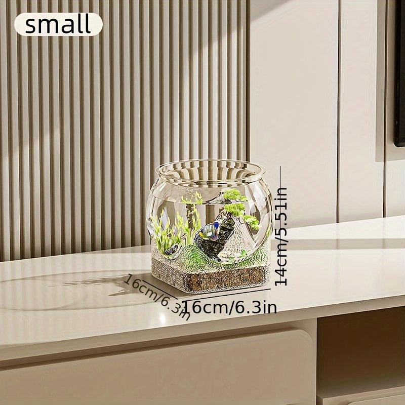 2025 New Model \u002F Sturdy Transparent Round Fish Tank | A Desktop Aquarium That Is Hard to Break And Resistant to Tipping, Suitable for Turtles And Small Fish | Natural Stone Design