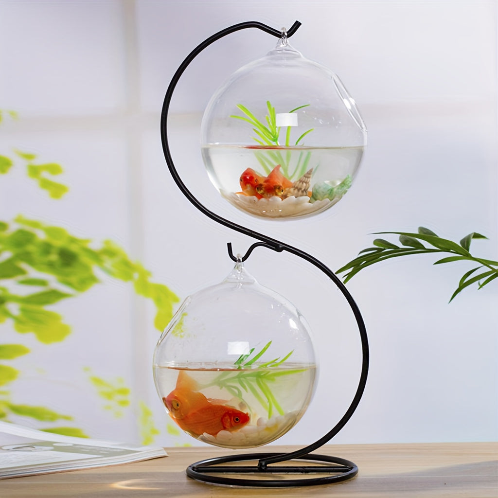 Two Small Glass Hanging Fish Tank With Creative Stand, Mini Tabletop Aquarium